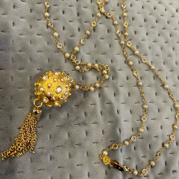 Vintage Leslie Block Pearl & Crystal Ball & Pearl Tassel w 36” Chain Nexklace - Picture 11 of 12